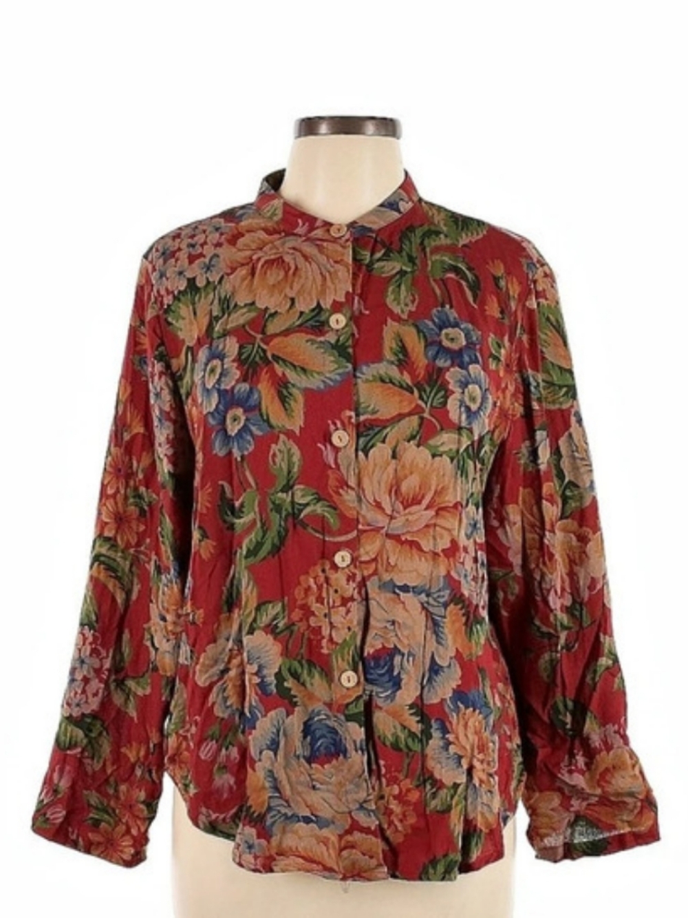 BUYKUD Women Vintage Autumn Flower Button-up Shirt Floral Blouse Red & Green